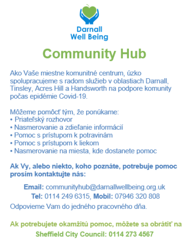 Poster announcing that DWB are a Community Hub during Covid-19 - in Slovak language