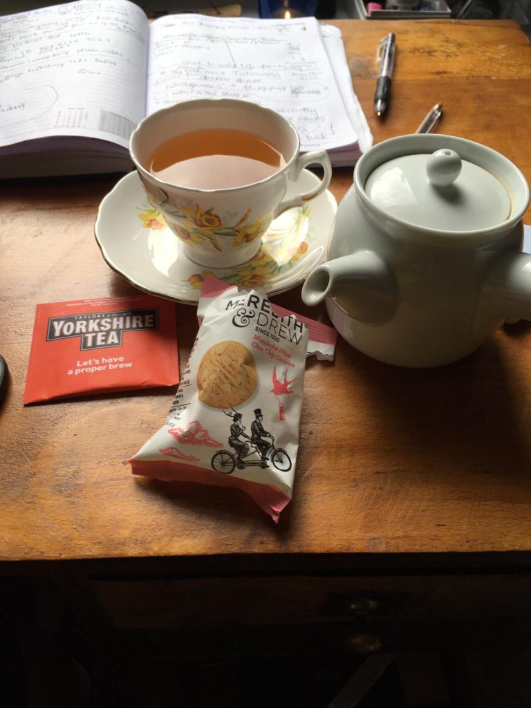 Photo of cup of tea, teapot and biscuits