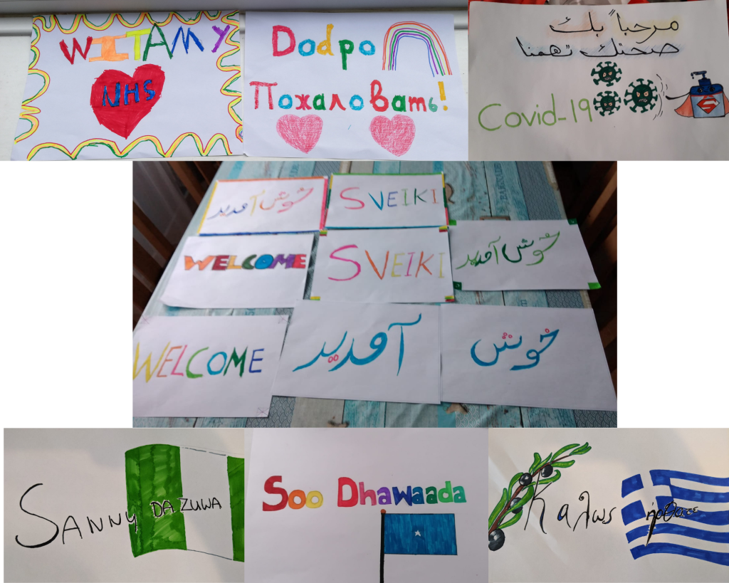 collage of posters saying Welcome in a number of languages