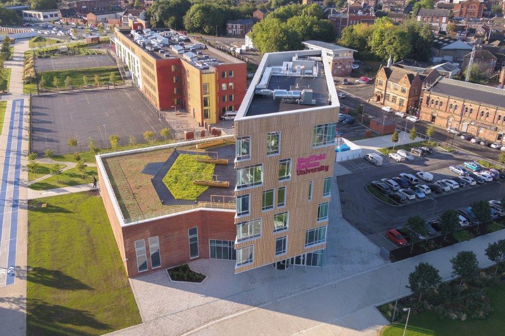 arial photo of Sheffield Hallam University AWRC building and surroundings