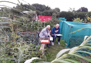 photo of 2 men talking and doing artwork at allotment