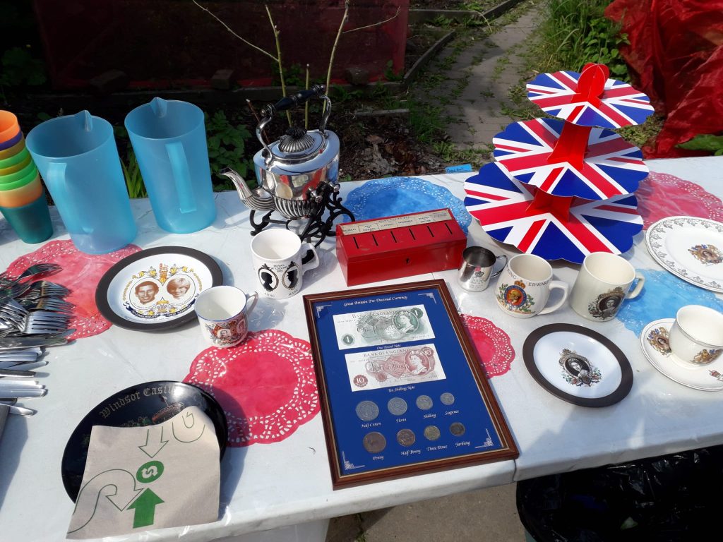 table decorated with Union Jack themed items