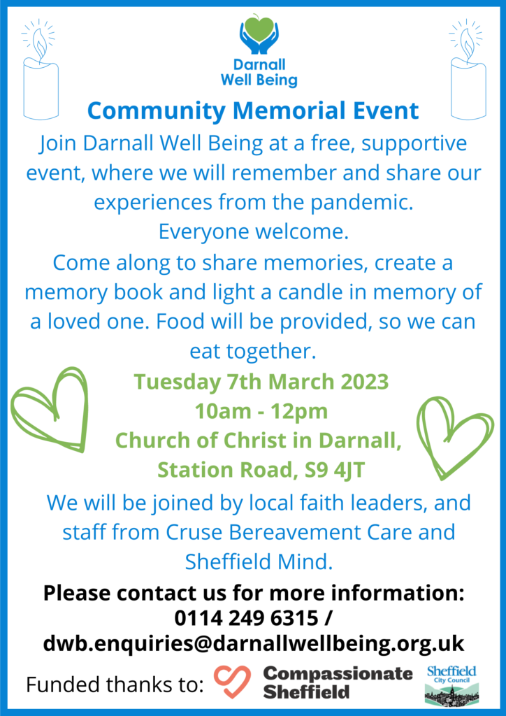 Poster for DWB Community Memorial event in Darnall on 7th March 2023.
