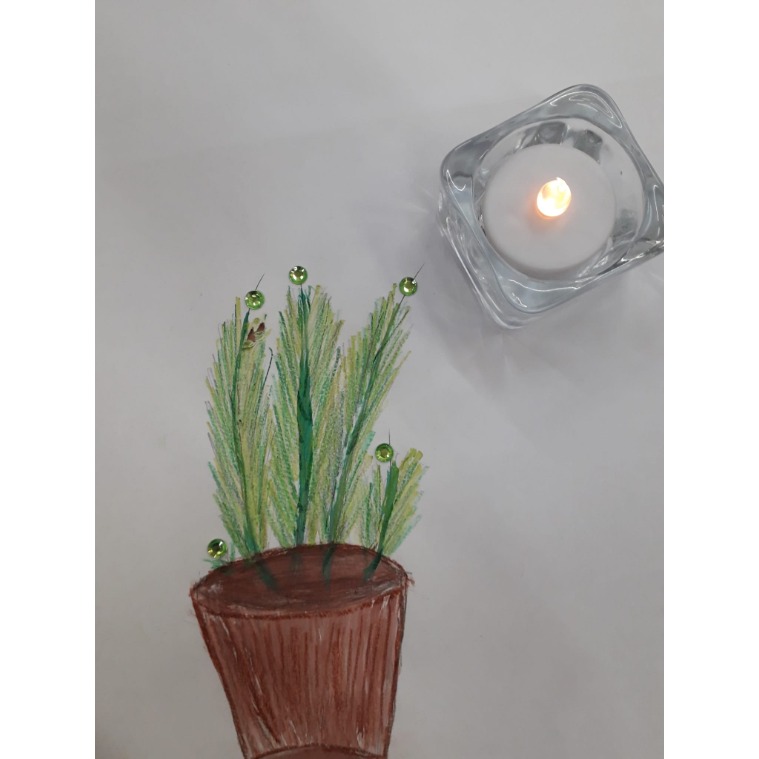 drawing on a plant, with a lit tealight next to it.