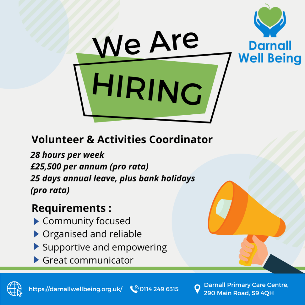 "We Are Hiring" graphic, advertising a Volunteer & Activities Coordinator role