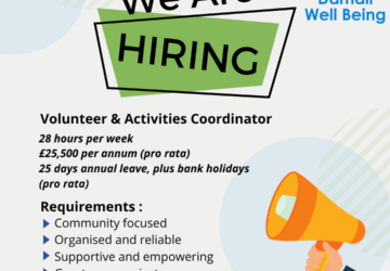 "We Are Hiring" graphic, advertising a Volunteer & Activities Coordinator role